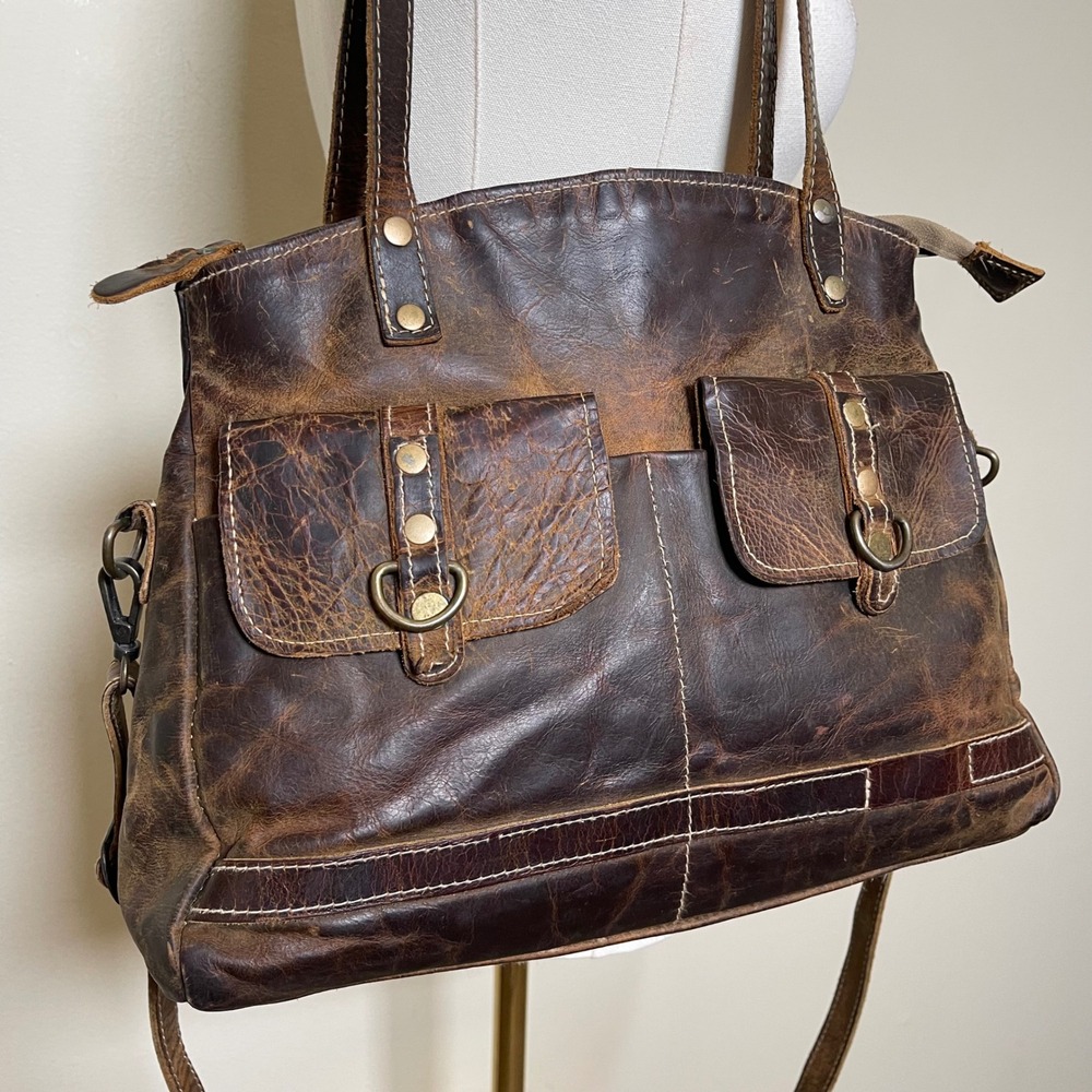 Myra Bag Distressed Brown Leather Satchel - Picture 2 of 12
